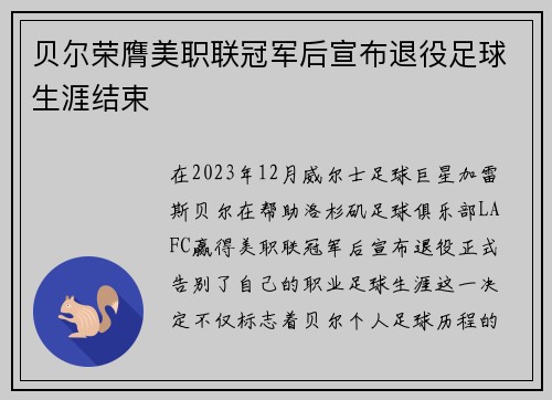 贝尔荣膺美职联冠军后宣布退役足球生涯结束